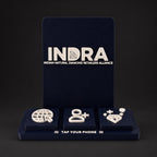 Social Tap Bar – Navy tall custom design; real product photo with edited studio background.