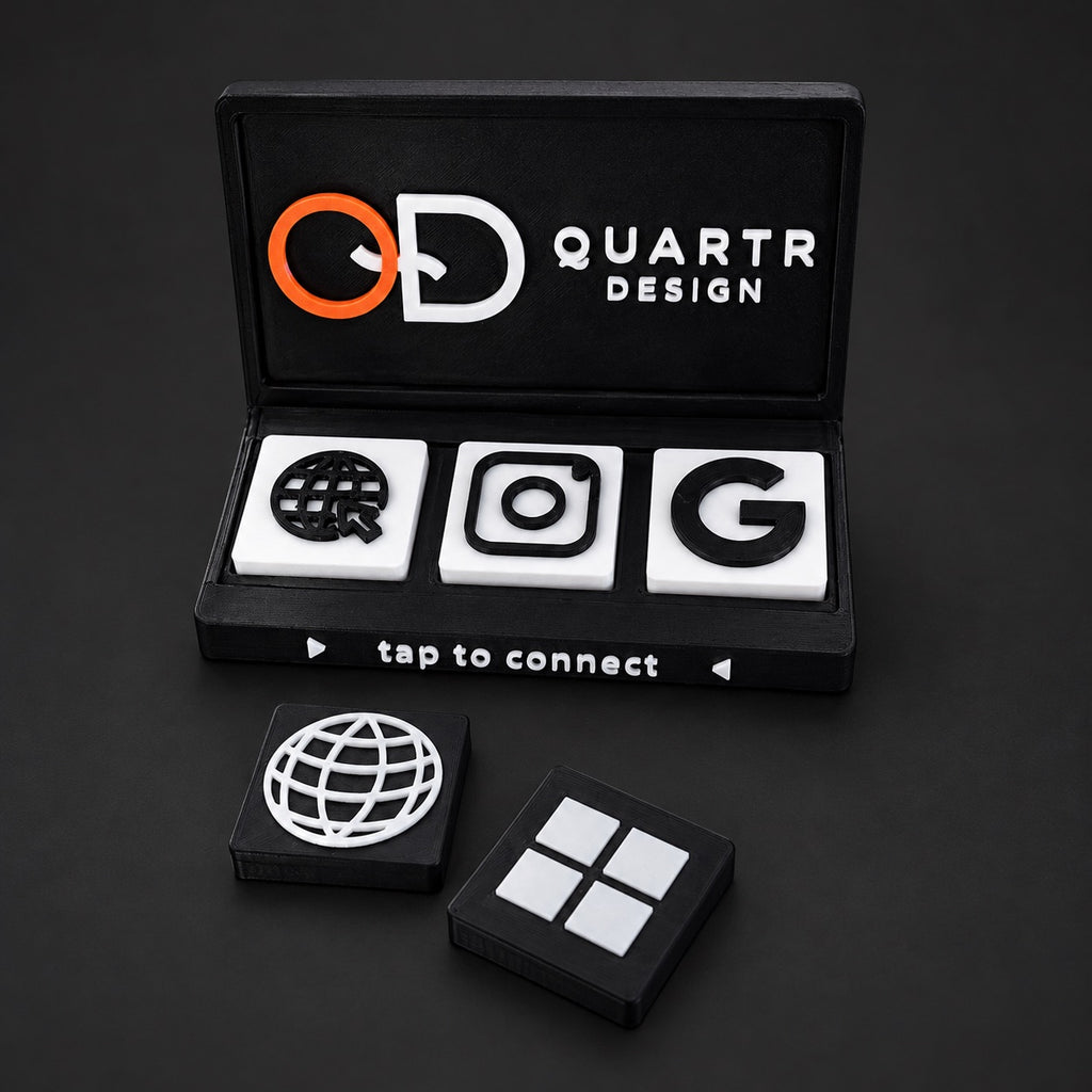 Social Tap Bar – Black and white design with two loose tiles; real product photo with edited studio background.