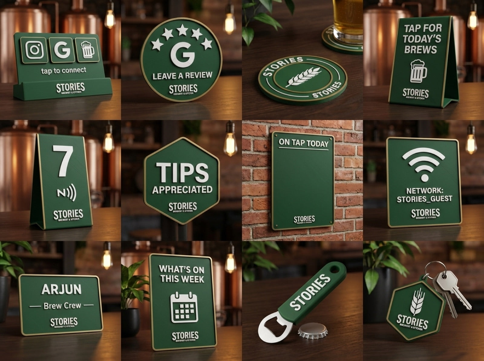 Full brand kit for a brewery: tap stand, review disc, coasters, table talkers, wifi plaque, name badge, bottle opener and keychain in green and gold