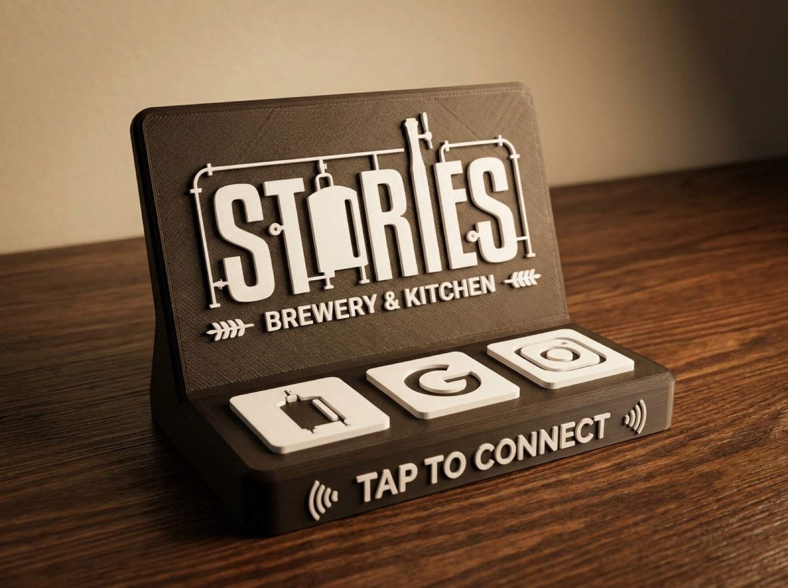 3D-printed tap-to-connect counter stand for Stories Brewery and Kitchen