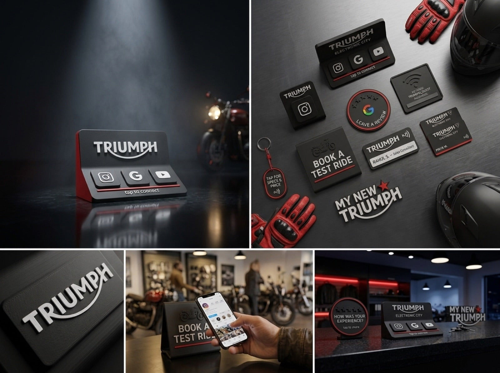 Full brand kit for a motorcycle showroom: tap stands, review discs, test ride talkers, staff cards and hang tags in black and red