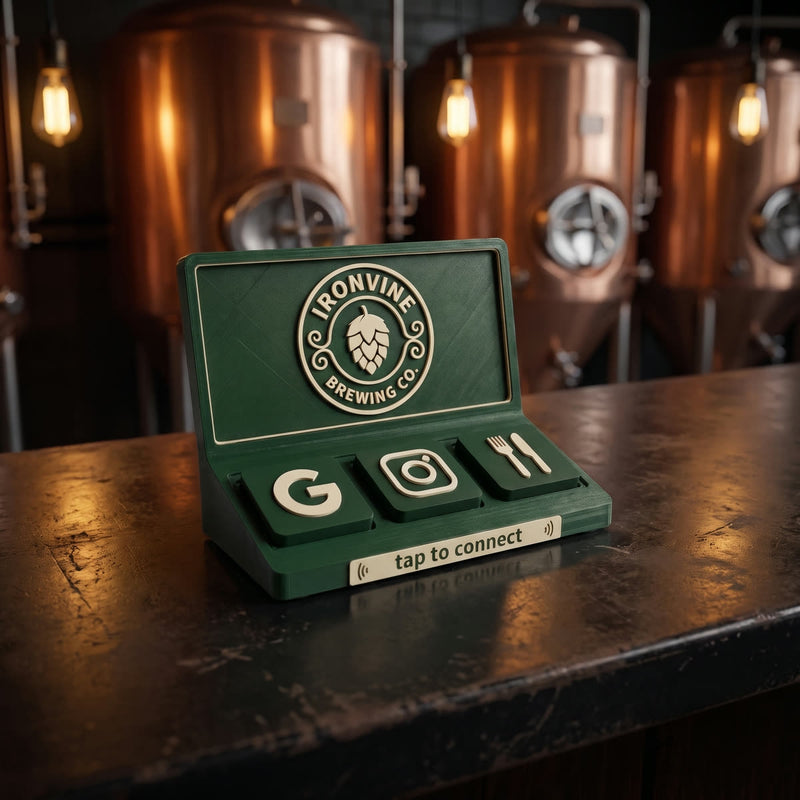 A Social Tap Bar branded for a brewery — a hop-cone badge in cream on deep green, standing on a bar counter in front of copper fermentation tanks