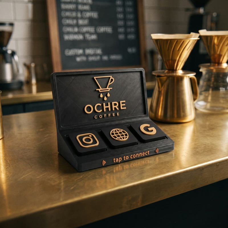 A Social Tap Bar branded for a coffee house — a pour-over mark in gold on matte black, standing on a brass counter beside a chalk menu