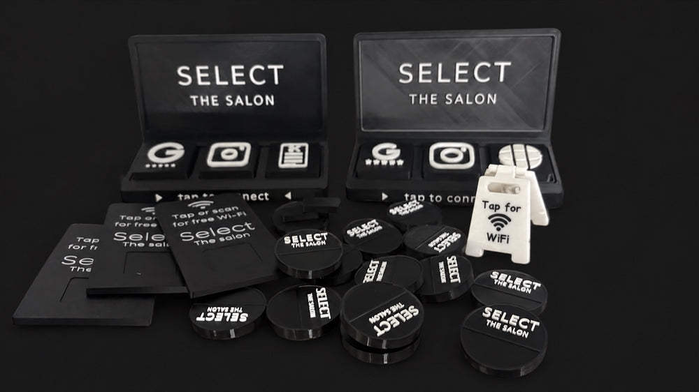Background-edited salon brand kit photo showing Social tab bars, Wi-Fi signs and matching branded pieces